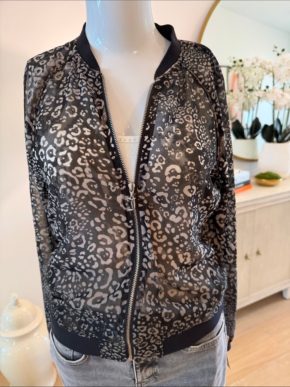 Juicy Couture Black and Gray Leopard Print Bomber Jacket